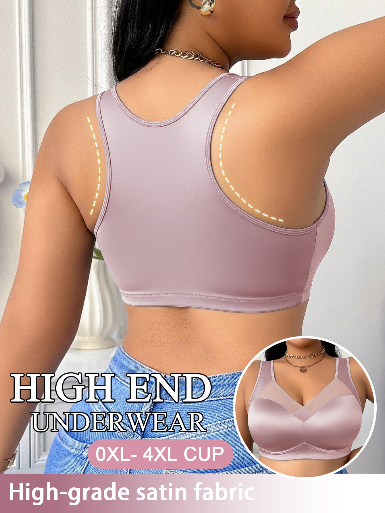 Women's Wire-Free Plus-Size Bra - Mesh Design, Sheer Satin Seamless Underwear, Comfortable Breathable Soft Support, Non-Adjustable Straps, Non-Removable Padding, Nylon Spandex Blend Smooth Bra, Suitable for Daily Wear