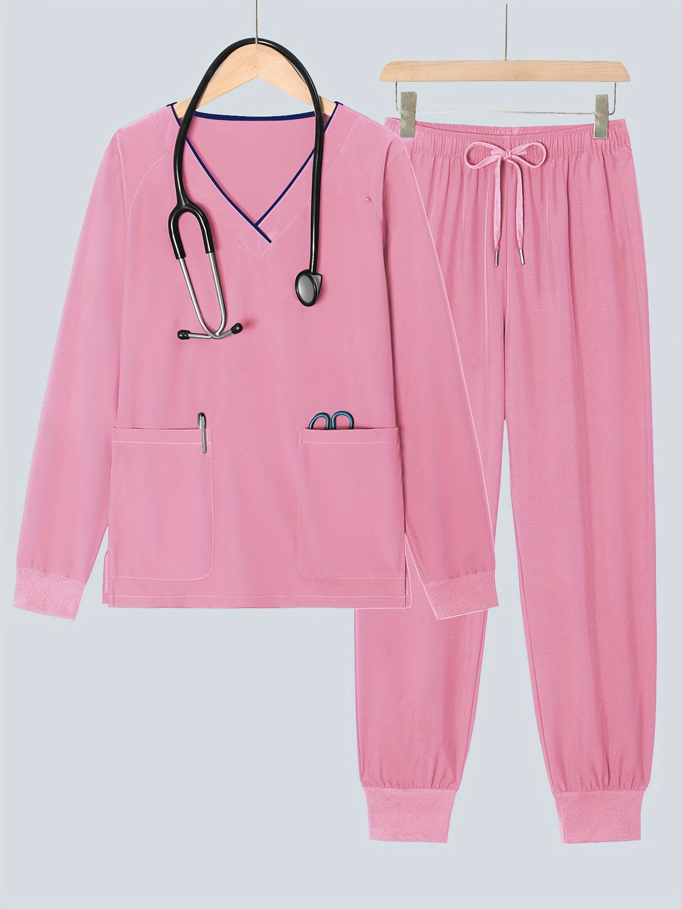 2pcs Women's V-Neck Matte Suit with Long Sleeve Stretch S Uniform Work Clothes Washable Pockets Breathable Elastic Top And Waist Cord Pocket Pants Set