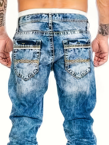 Men's Slim-Fit Straight-Leg Distressed American Snowflake Jeans - Vintage Wash Blue Denim Pants with Snowflake Pattern, Streetwear Style All-Season Casual Wear, Durable Fabric & Hand Washable
