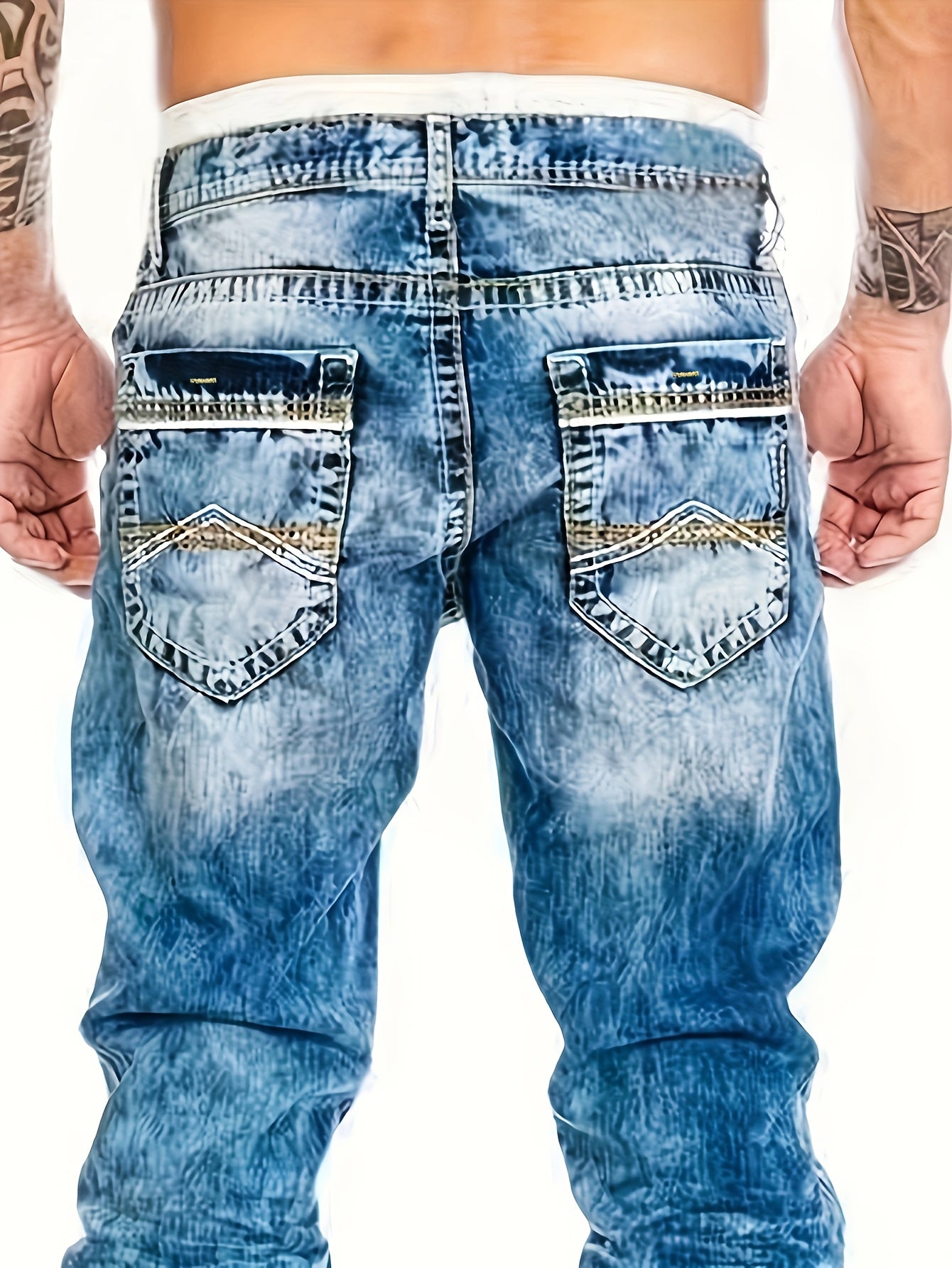 Men's Slim-Fit Straight-Leg Distressed American Snowflake Jeans - Vintage Wash Blue Denim Pants with Snowflake Pattern, Streetwear Style All-Season Casual Wear, Durable Fabric & Hand Washable