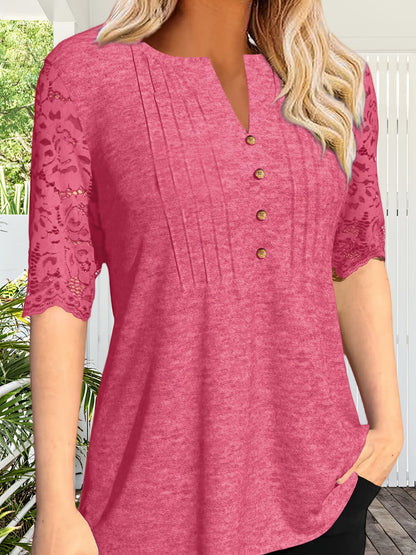 Women's Summer Pleated Button Short Sleeve T-shirt Summer V-neck Solid Color Casual Top