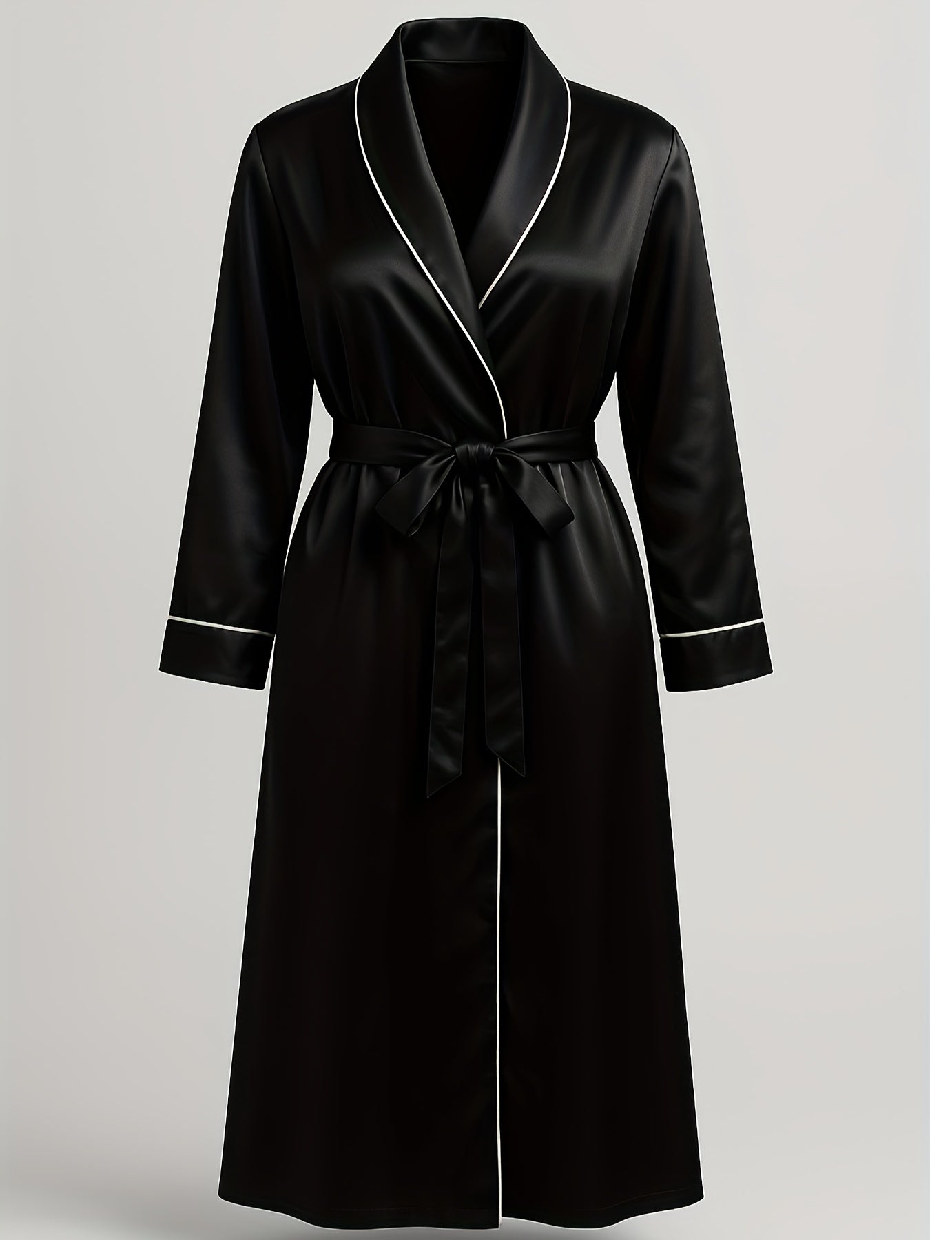 Elegant Black Nightgown with Long Sleeves And a V-Tie Belt Design, Featuring a Luxurious Satin End, Perfect for Women to Wear As Outerwear