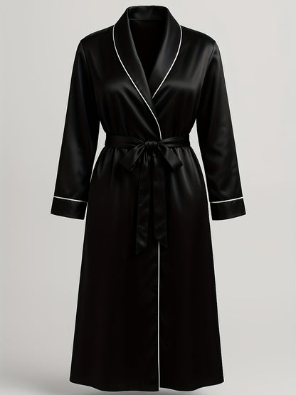 Elegant Black Nightgown with Long Sleeves And a V-Tie Belt Design, Featuring a Luxurious Satin End, Perfect for Women to Wear As Outerwear