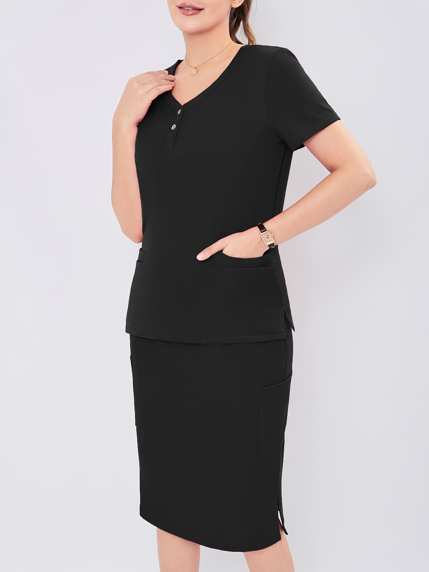 Women's V-Neck Button-Up Scrub Set, Fashionable Short Sleeve Beauty Salon Medical Hand Wash Uniform, Polyester Blend, Casual Style, Regular Fit, Solid Color, Straight Sleeve, Knee-Length Skirt with Pockets, Pullover Top