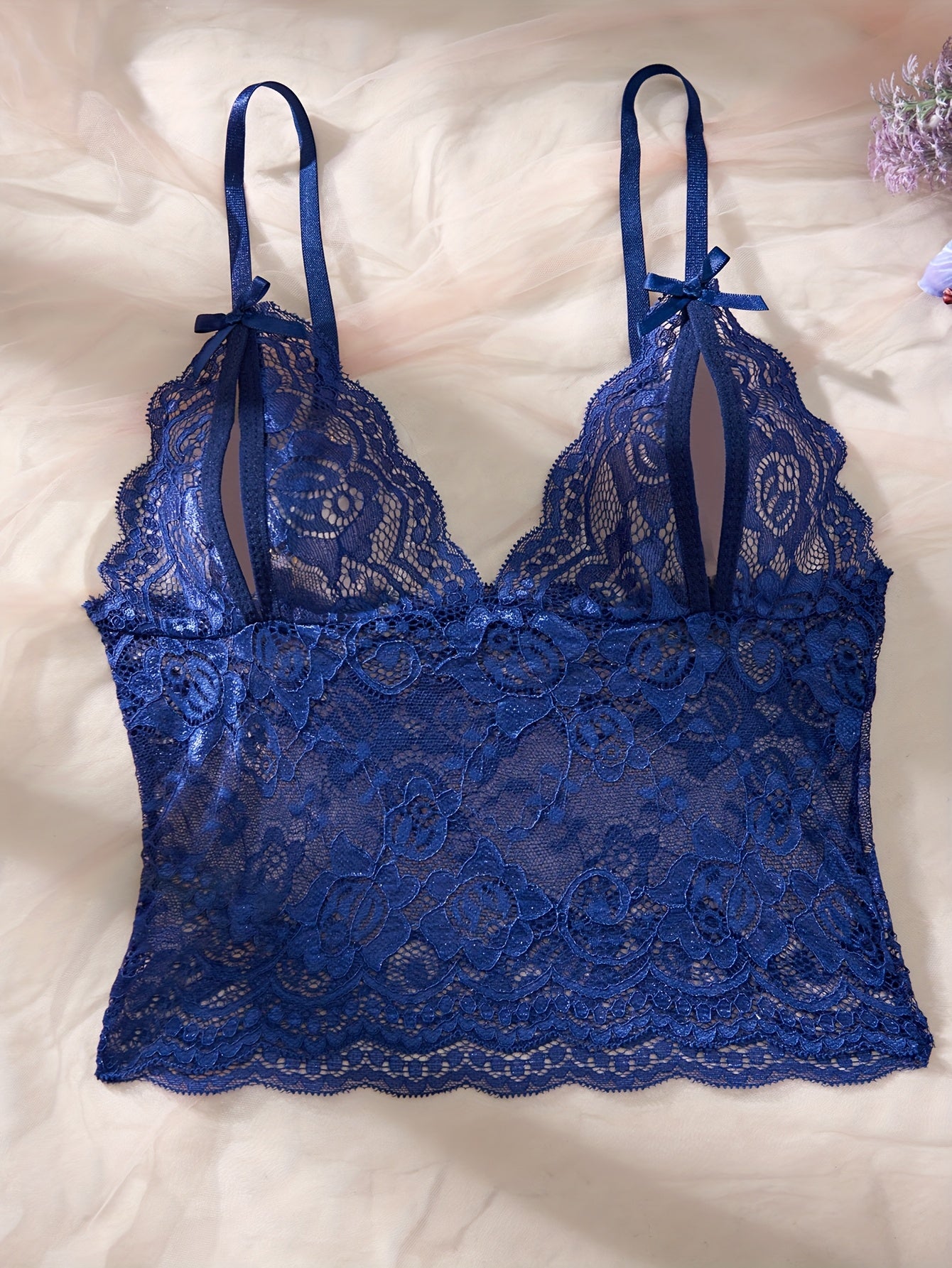 Elegant Blue Lace Sexy Lingerie Set with Floral Pattern - Includes Strapless Bra, Corset, and Thong, Bow Details, Adult Women's Semi-Transparent Seduction Briefs, Exotic Apparel|Floral Lace Set|Strapless Design