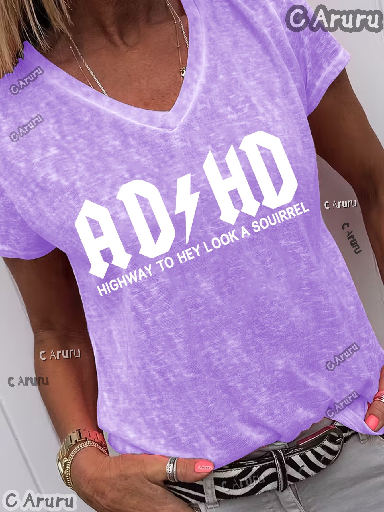 Women'S V-Neck T-Shirt Featuring a Rock Band ADHD Design, Suitable for Spring And Summer. It'S Casual, Versatile, Comfortable, And Breathable, Machine Washable, Making It Perfect for Home, Outings, Or As a Gift. an Essential Piece for Summer