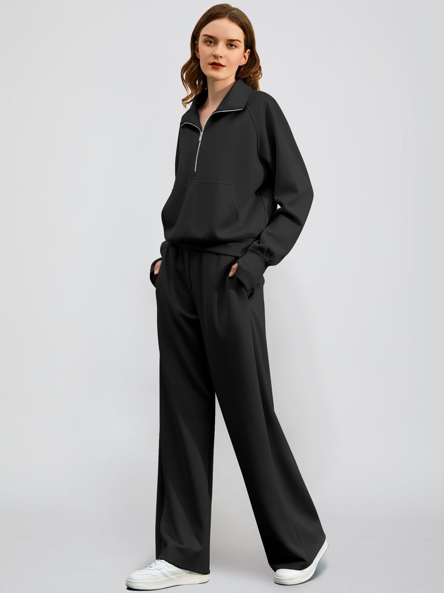 2Pcss Outfits for Women, Oversized Half-Zip Sweatshirt And Wide Leg Sweatpants Set, 2026 Spring Casual Lounge Tracksuit Women'S Trendy 2Pcss Matching Set, Oversized Quarter-Zip Pullover And Loose Wide Leg Trousers, Chic Spring Sporty Outfits