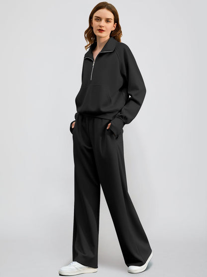2Pcss Outfits for Women, Oversized Half-Zip Sweatshirt And Wide Leg Sweatpants Set, 2026 Spring Casual Lounge Tracksuit Women'S Trendy 2Pcss Matching Set, Oversized Quarter-Zip Pullover And Loose Wide Leg Trousers, Chic Spring Sporty Outfits