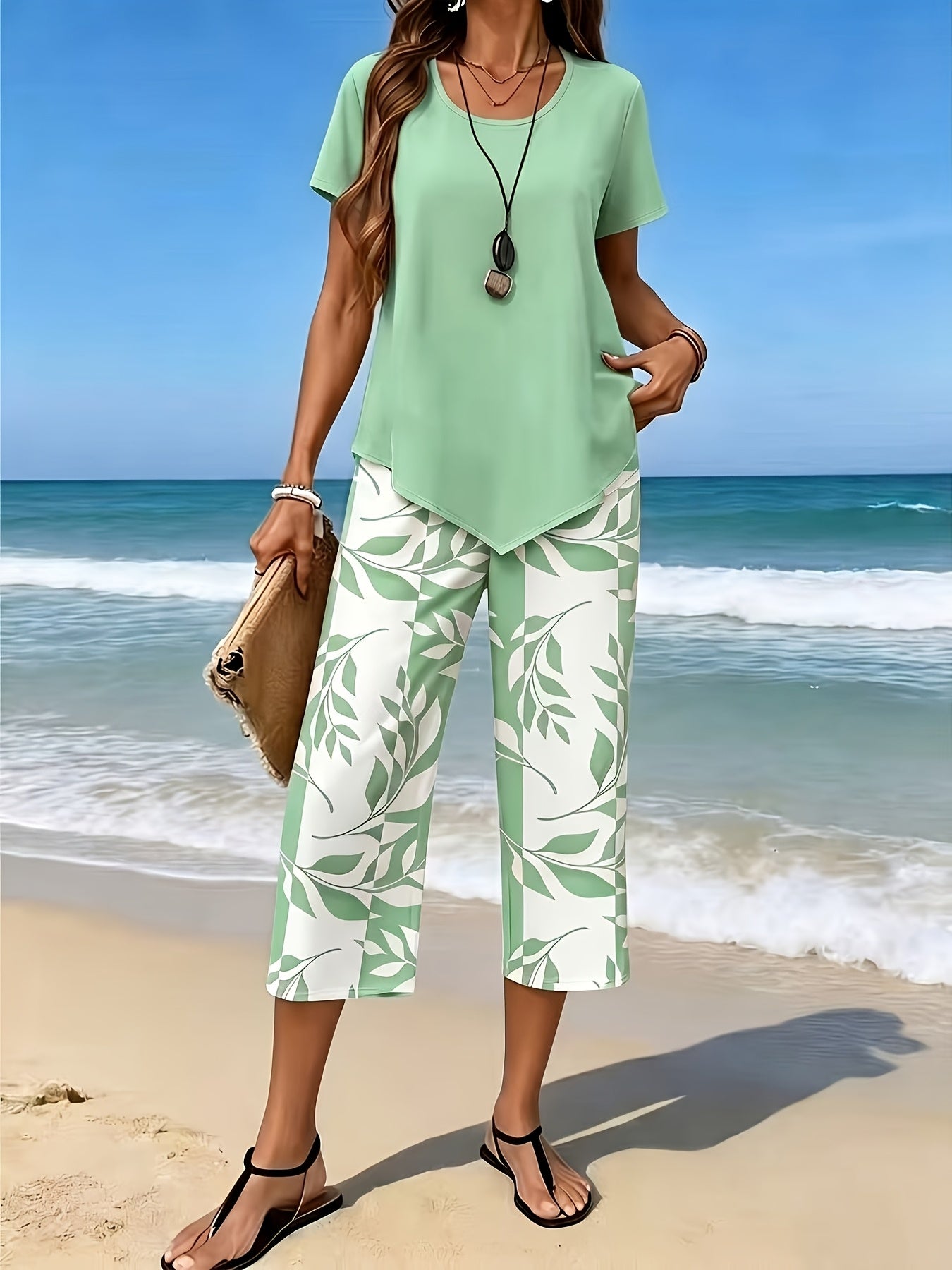 Women'S Spring/Summer Casual Two-Piece Set: Short Sleeve Round Neck Top with 7/8 Wide-Leg Pants, Loose Comfortable, Versatile for Daily Outings, Home, And Commuting