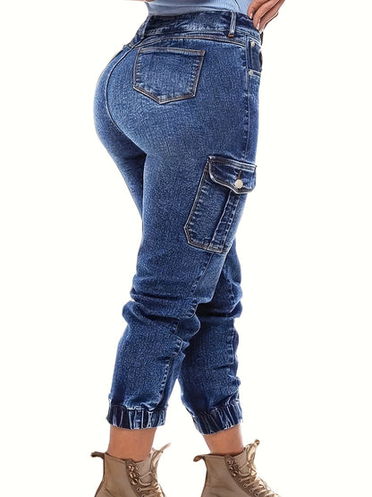 Women'S Distressed Stretch Cropped Denim Jeans - Fashionable Elastic Cuff, Multi-Pocket Casual Cargo Style, Washed Blue with Golden Accents, Casual Denim Wear|Sporty Cropped Jeans|Durable Fabric