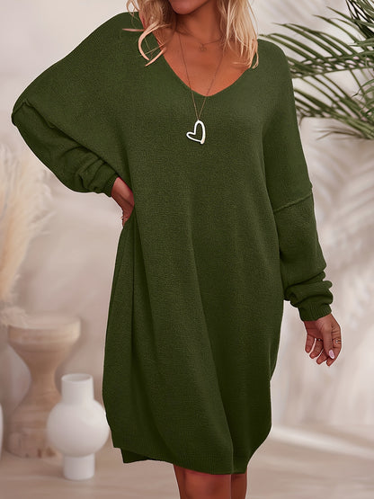 Plus Size - Plus Size - Casual V-Neck Dress, Women'S Plus Size Casual V-Neck Sweater Dress, Long Sleeve Loose Shoulder, Solid Color, Autumn And Winter