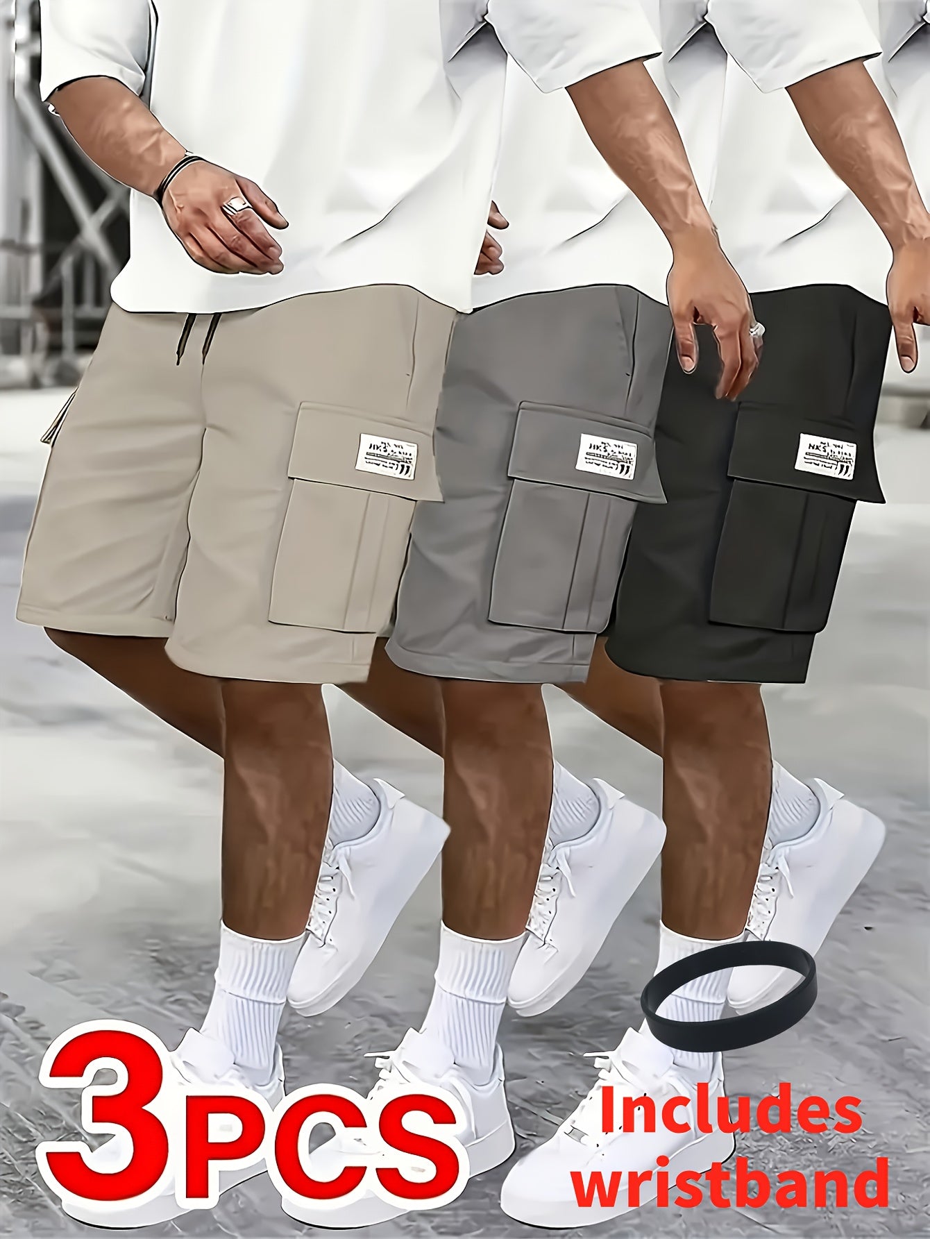 3pcs Men's Cargo Shorts, Casual Athletic Shorts - Multi-Pocket Ripstop, (Includes Wristband) Adjustable Waist (Black, Gray, Khaki) - Outdoor & Travel