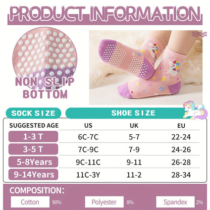 12 Pairs Of Youngsters Girls Youngsters Grips Socks Youngsters Non Slip/Anti Skid Unicorn Striped Crew Cotton Gift Socks