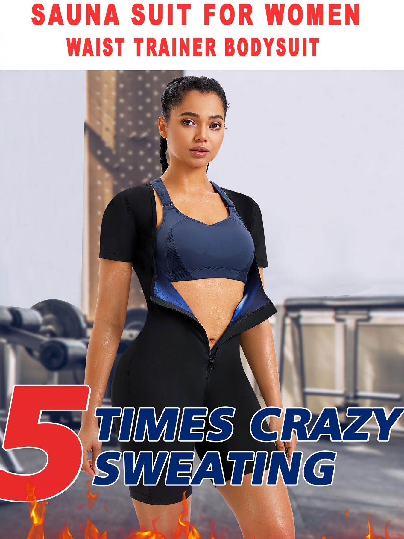 1pc JUNLAN Women' Sauna Suit Full Body Shaper Workout Vest & Shorts - 3-in-1 Waist Trainer, Sweat Vest with Sleeve Top & Shorts, Zipper Closure Tummy Gym Suit for Sauna Training, Fitness, Year-Round Wear (Hand Washable)
