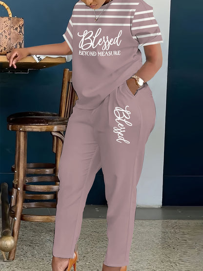 Plus Size, Ladies Plus Size 2pcs Suit, Letter Printing with Blessing, Pinstripe Coat, Trousers with Pockets, Ladies' Daily Casual Fashion Suit.