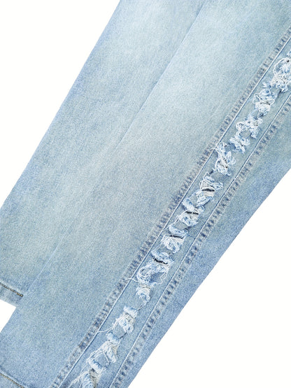 Extra Large Size Blue Jeans | High Waist Elastic Tight Hip Lifting Sexy Pencil Pants, Ripped Details, All-season, Machine Washable, Comfortable Fabric, Fashionable and Casual