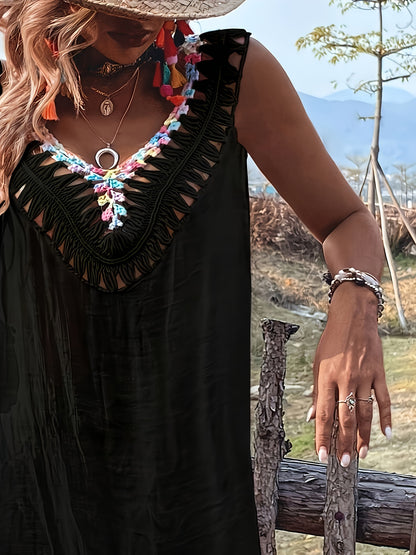 Women's Summer Vacation Style Hand Hook Splicing Color Thread Splicing Fringe V-neck Pullover Hollowed Out Beach Bikini Smock Skirt