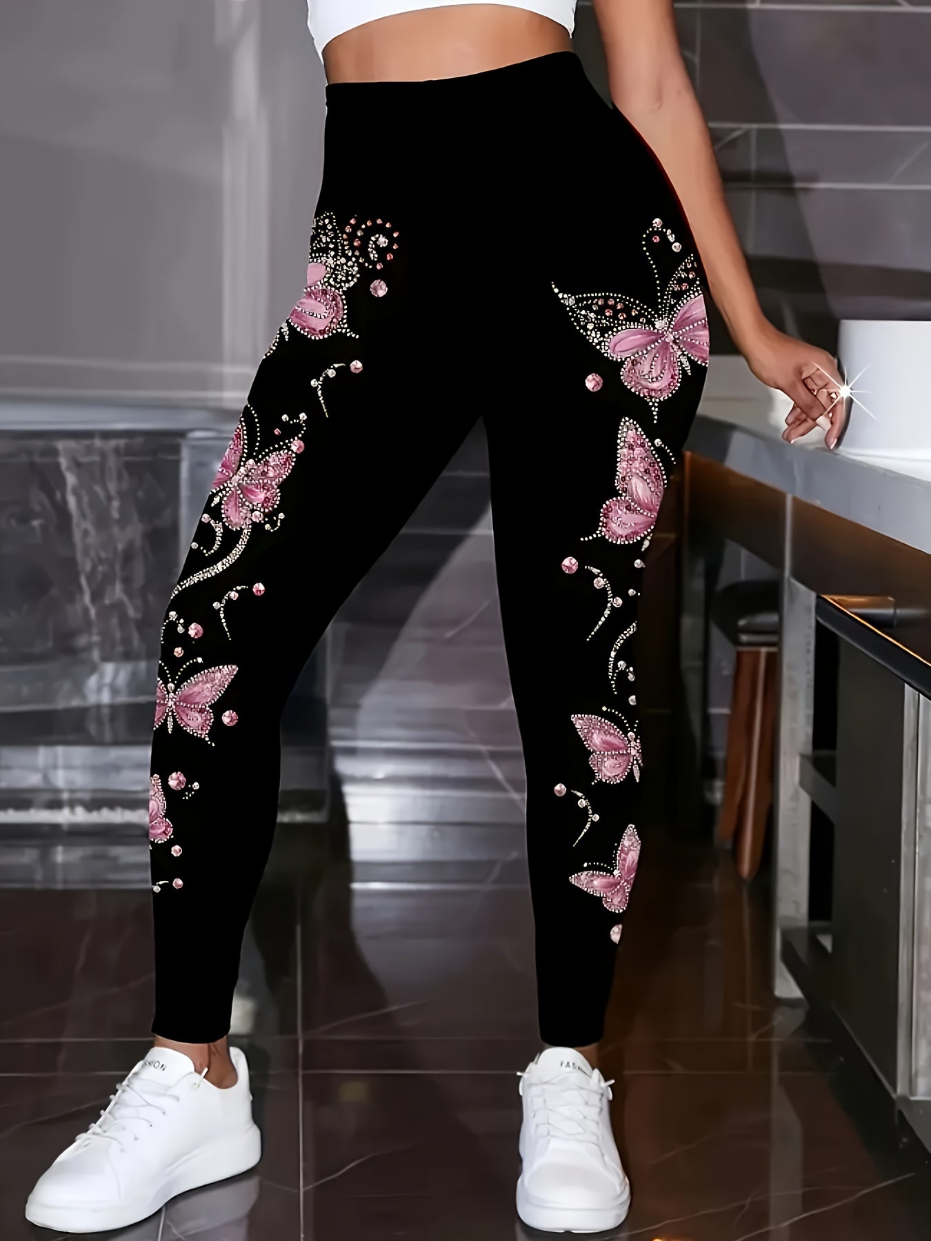 Plus Size, Plus Size - Women's Plus Size Elegant Pants - Stretchy Non - See - Through Leggings with Black & Pink Butterfly Print, All-Season Formal & Casual Pants for Everyday, Parties, Office - Non-Transparent Trousers for Women.