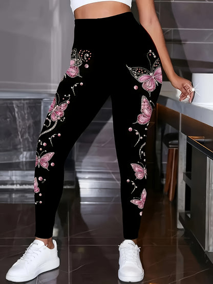 Plus Size, Plus Size - Women's Plus Size Elegant Pants - Stretchy Non - See - Through Leggings with Black & Pink Butterfly Print, All-Season Formal & Casual Pants for Everyday, Parties, Office - Non-Transparent Trousers for Women.