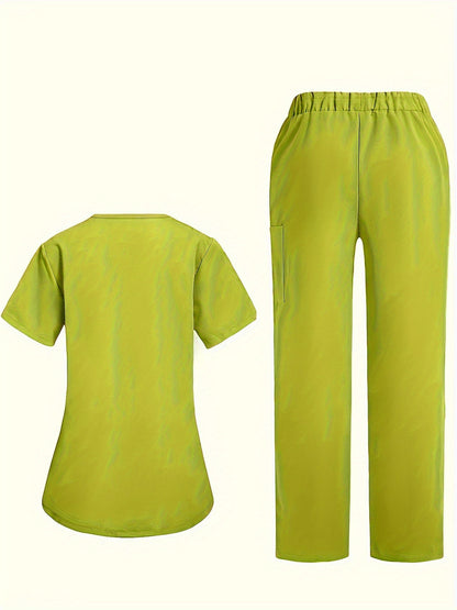 Fashion Casual V-neck Women's Work Clothes Care Comfortable Sweat-absorbing Brush Clothes Set, Fashion Short-sleeved Beauty Salon Medical Wash Clothes Work Clothes