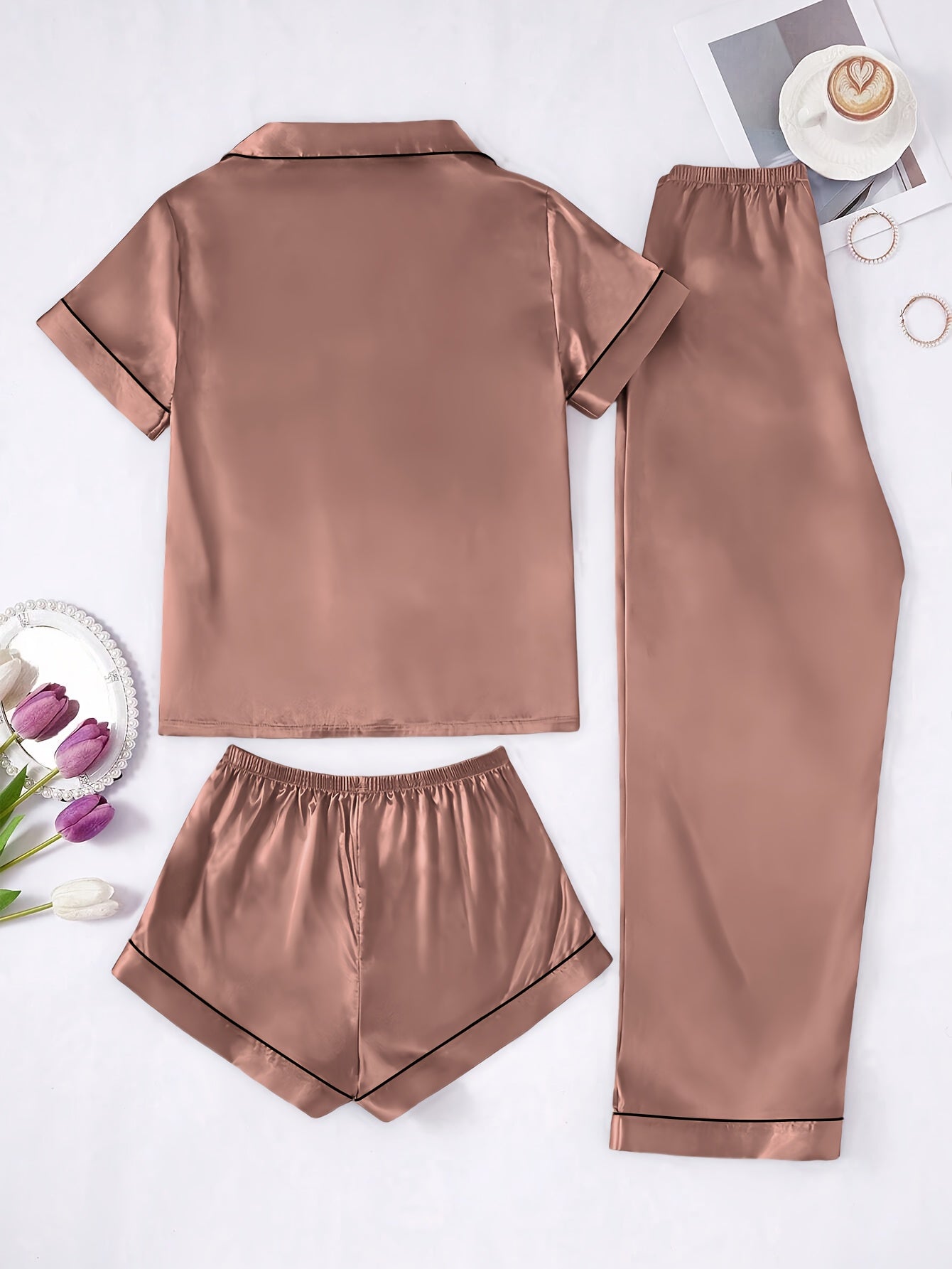 Solid Color Women'S Simple And Comfortable 3pcs Pajama Set, Includes 3pcss: Collared Short-Sleeve Top & Elastic Waist Shorts & Elastic Waist Long Pants Women'S Pajama Set