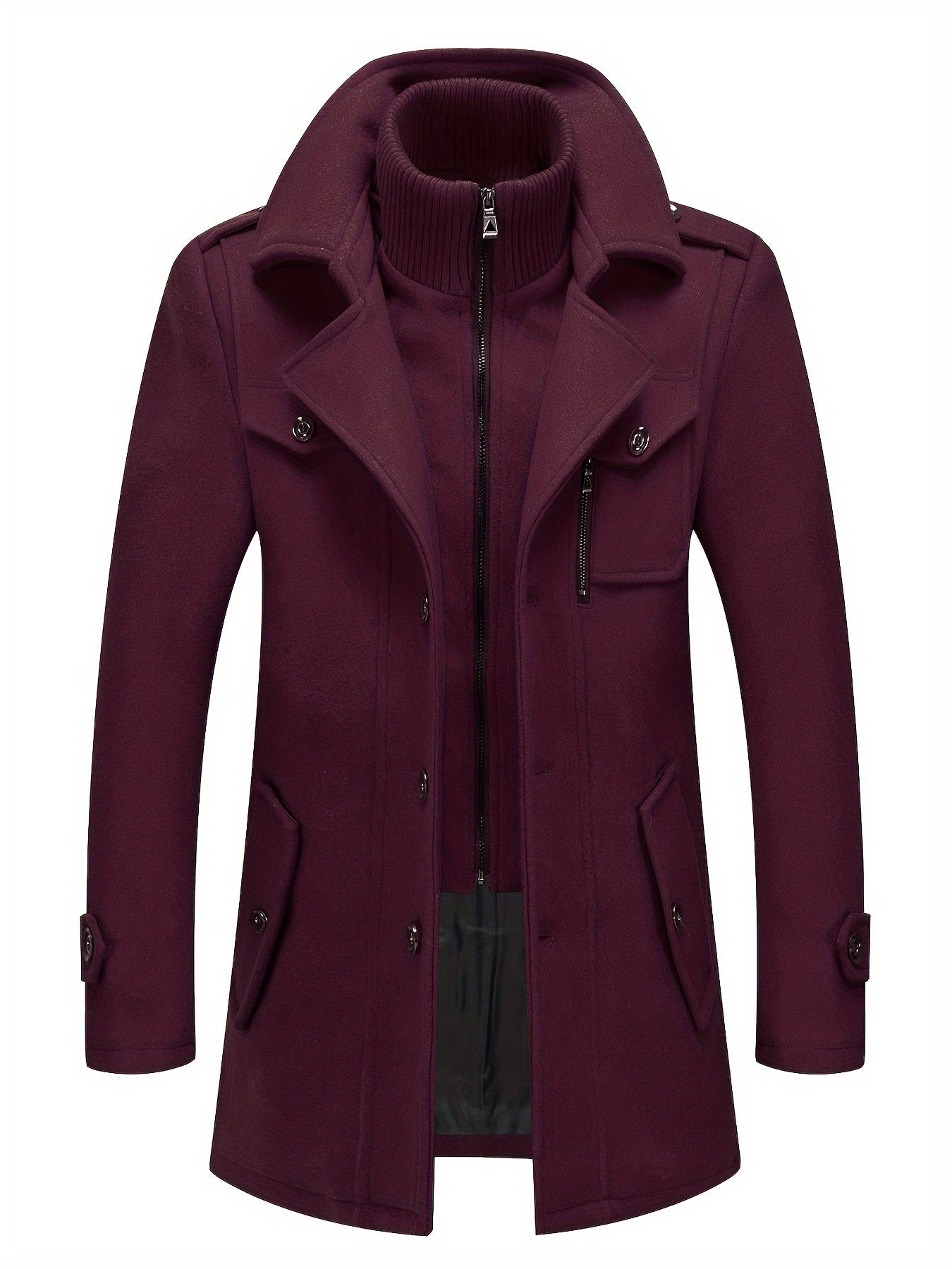 Men's Stand Collar Fleece Blend Pea Coats with Removable Inner Collar Single Breasted Overcoat