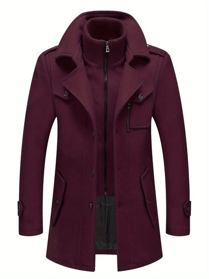 Men's Stand Collar Fleece Blend Pea Coats with Removable Inner Collar Single Breasted Overcoat