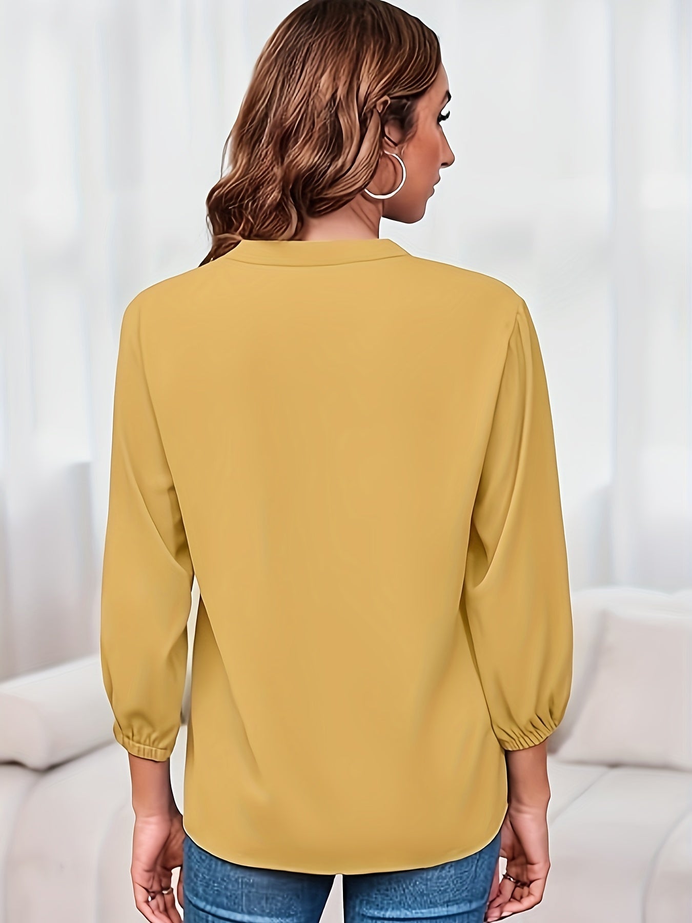 Solid Color Zipper Up Blouse, Casual V Neck Long Sleeve Blouse For Spring & Fall, Women'S Clothing