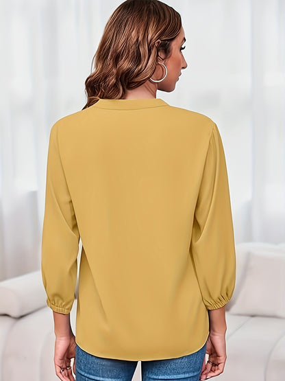 Solid Color Zipper Up Blouse, Casual V Neck Long Sleeve Blouse For Spring & Fall, Women'S Clothing