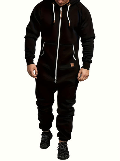A Men's Hooded Fleece-lined Jumpsuit, Long Sleeve, Full Zip Jumpsuit with Kangaroo Pocket, Suitable for Spring Travel And Seaside Trips