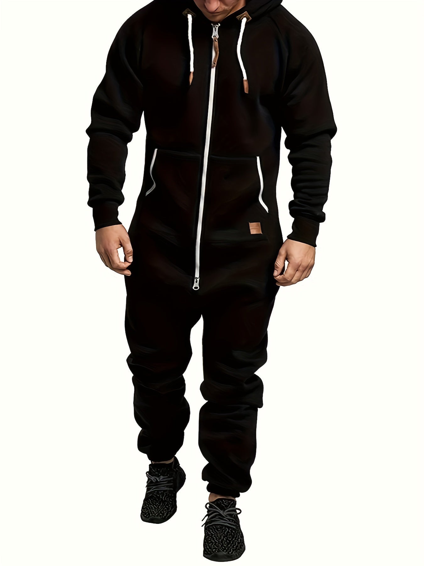 A Men's Hooded Fleece-lined Jumpsuit, Long Sleeve, Full Zip Jumpsuit with Kangaroo Pocket, Suitable for Spring Travel And Seaside Trips