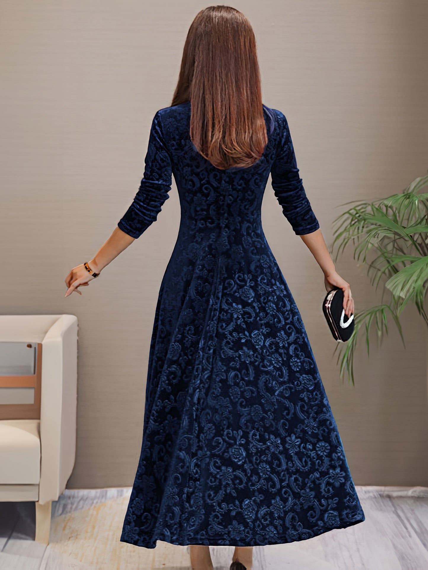 Autumn Women's Velvet Embossed Long Sleeve Dress, Bodycon V-Neck Midi Flared Elegant Evening Party Wedding Guest Gown