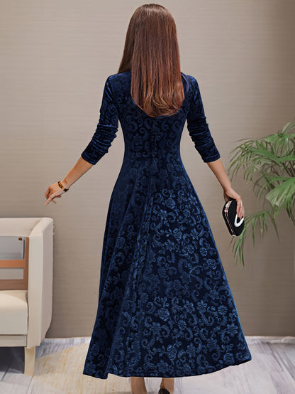 Autumn Women's Velvet Embossed Long Sleeve Dress, Bodycon V-Neck Midi Flared Elegant Evening Party Wedding Guest Gown