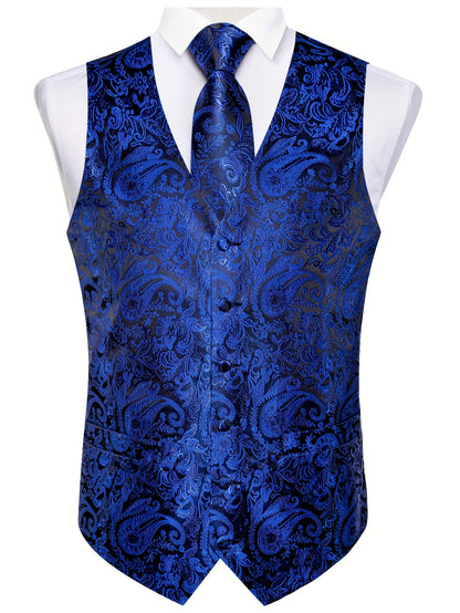 Men'S Classic Formal Suit Vest And Necktie Set - Elegant Red Paisley Design, Made from Non-Stretch Fabric, Featuring a Button Front Closure, Suitable for All Seasons Including Weddings, Business Events, And Parties - Formal Wear for Men, Plus Size
