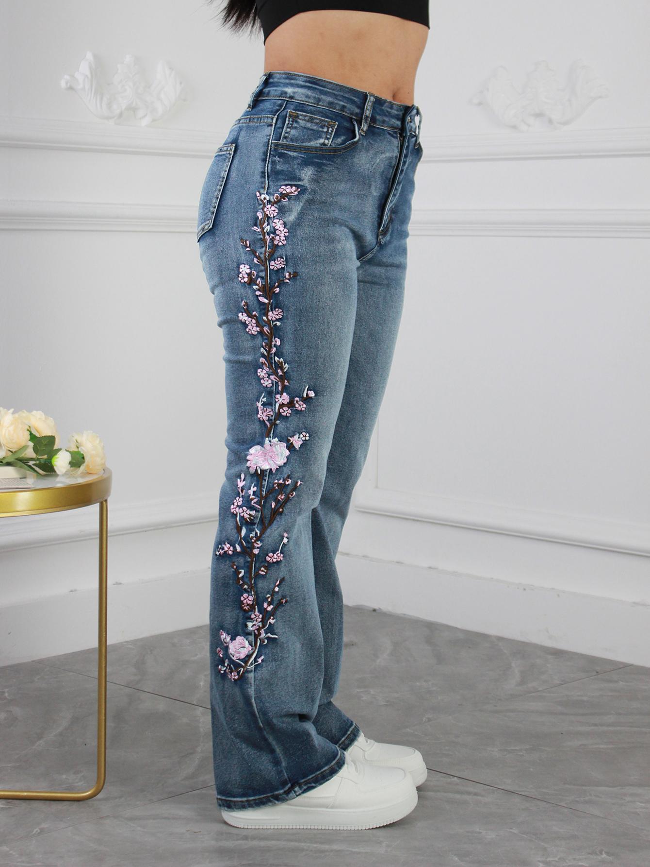 Women'S Vintage High Waist Jeans Micro Stretch Slim Bootcut Jeans, Floral Embroidered Flared Jeans, Vintage Style, Elegant