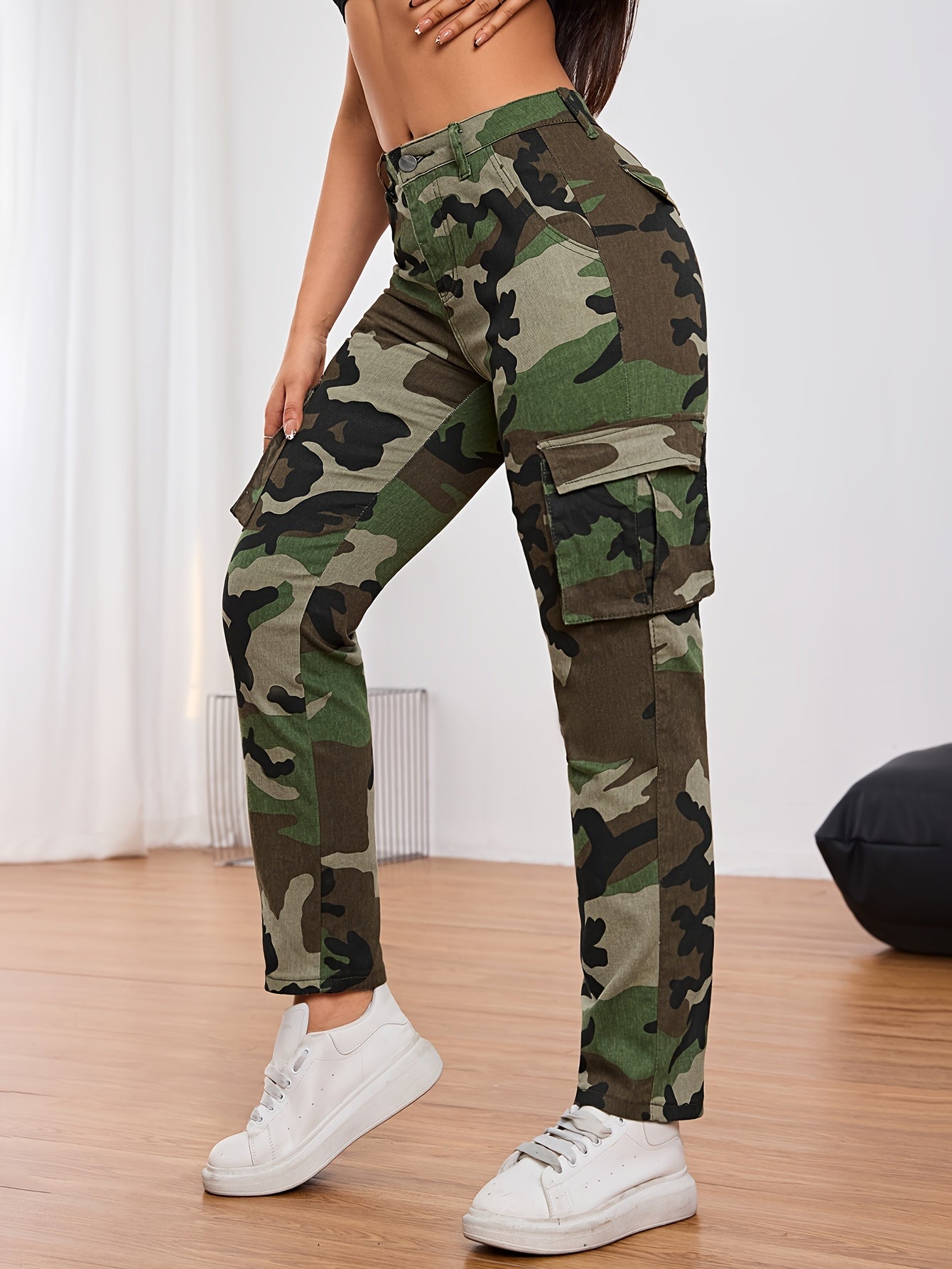 Women'S Camo Cargo Jeans with Pockets - Casual High Stretch Denim Pants, All-Season Comfort, Camouflage Pattern, Fabric