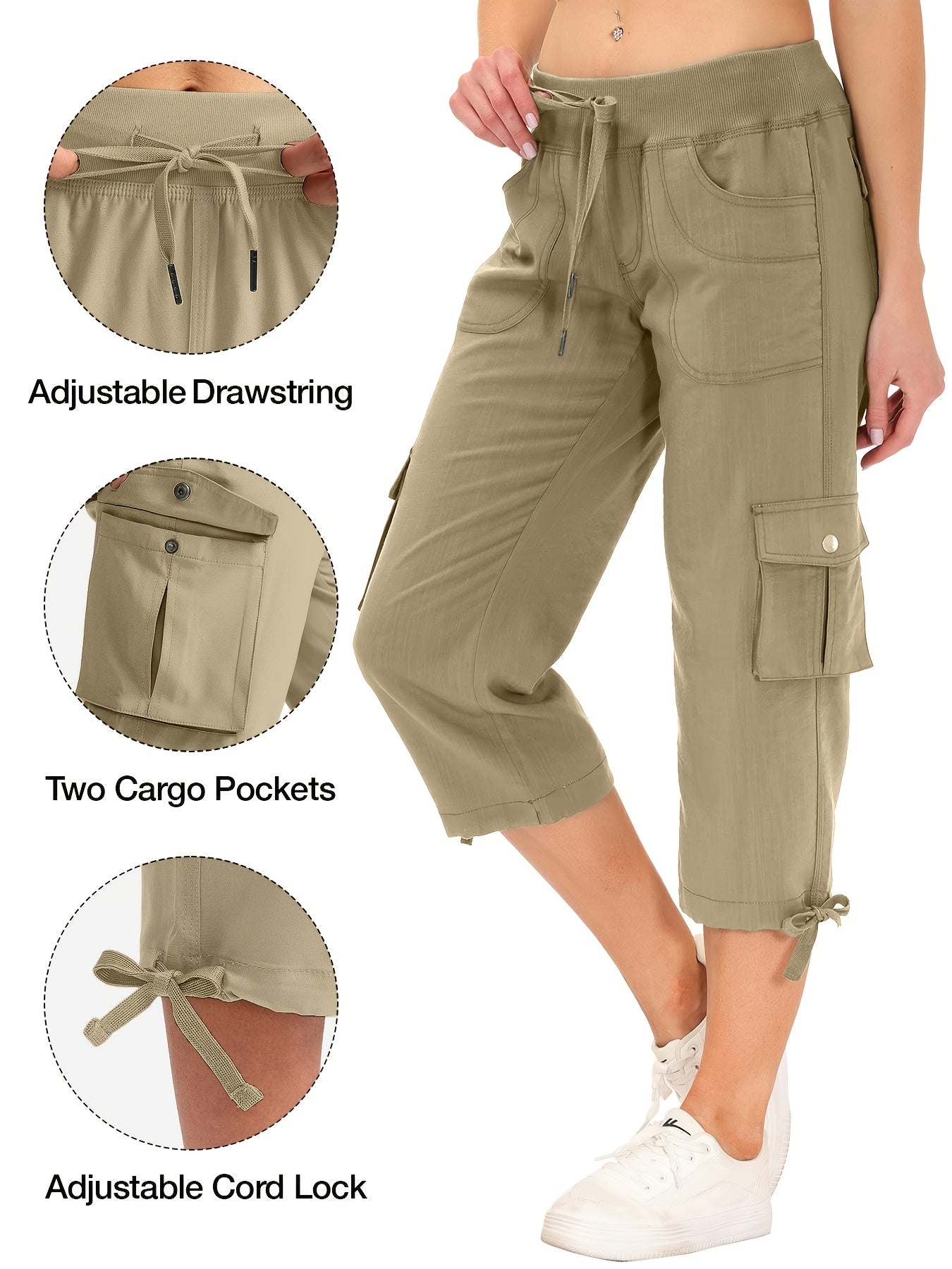 Women's Cargo Capri Hiking Pants Quick Dry Lightweight Travel Casual Workout 50+ Button Pockets