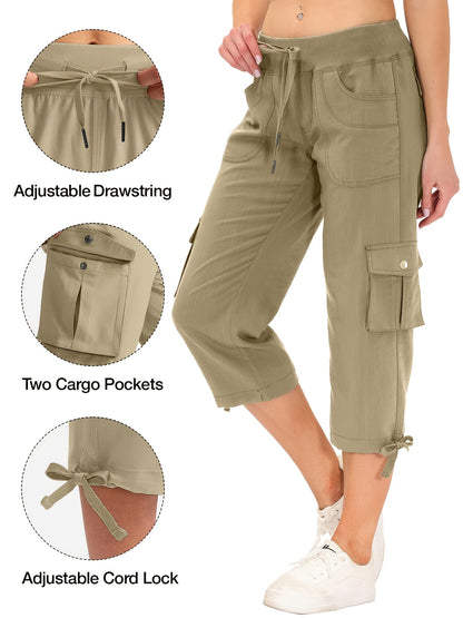 Women's Cargo Capri Hiking Pants Quick Dry Lightweight Travel Casual Workout 50+ Button Pockets