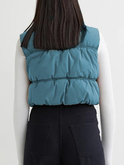 Womens Cropped Vest Zip Up Stand Collar Sleeveless Padded Cropped Vest