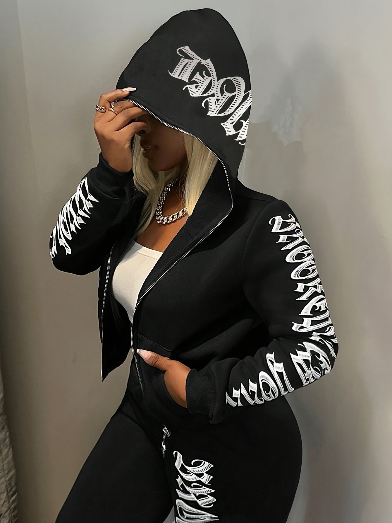 Women's Zippered Long Sleeve Hooded Fashion Set
