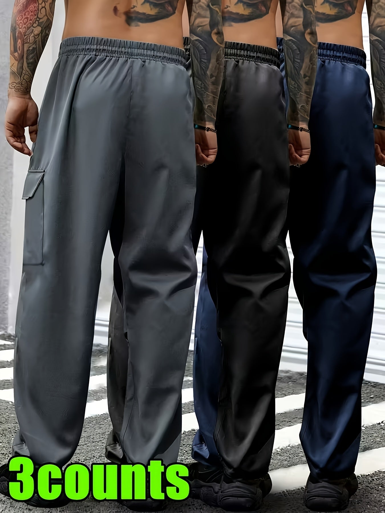 3pcs Men'S Slim Work Pants, With Drawstring Elastic Waist, Zipper Pocket And Large Patch Pocket. Comfortable And Breathable, Suitable For Outdoor And Daily Casual Wear.