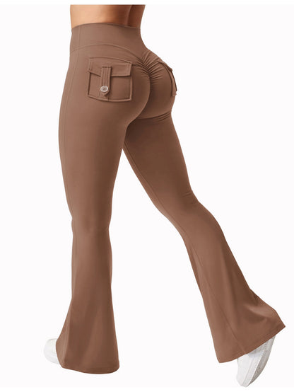 FOEIERAA 1pc Fashion Workwear Style Flare Pants, Women's Casual Flare Pants, High-Waist Pocket Joggers, Workwear Style Peach Butt Yoga Pants, Quick-Dry Tummy Control Butt Lifting Sexy Long Pants, Flare Leggings