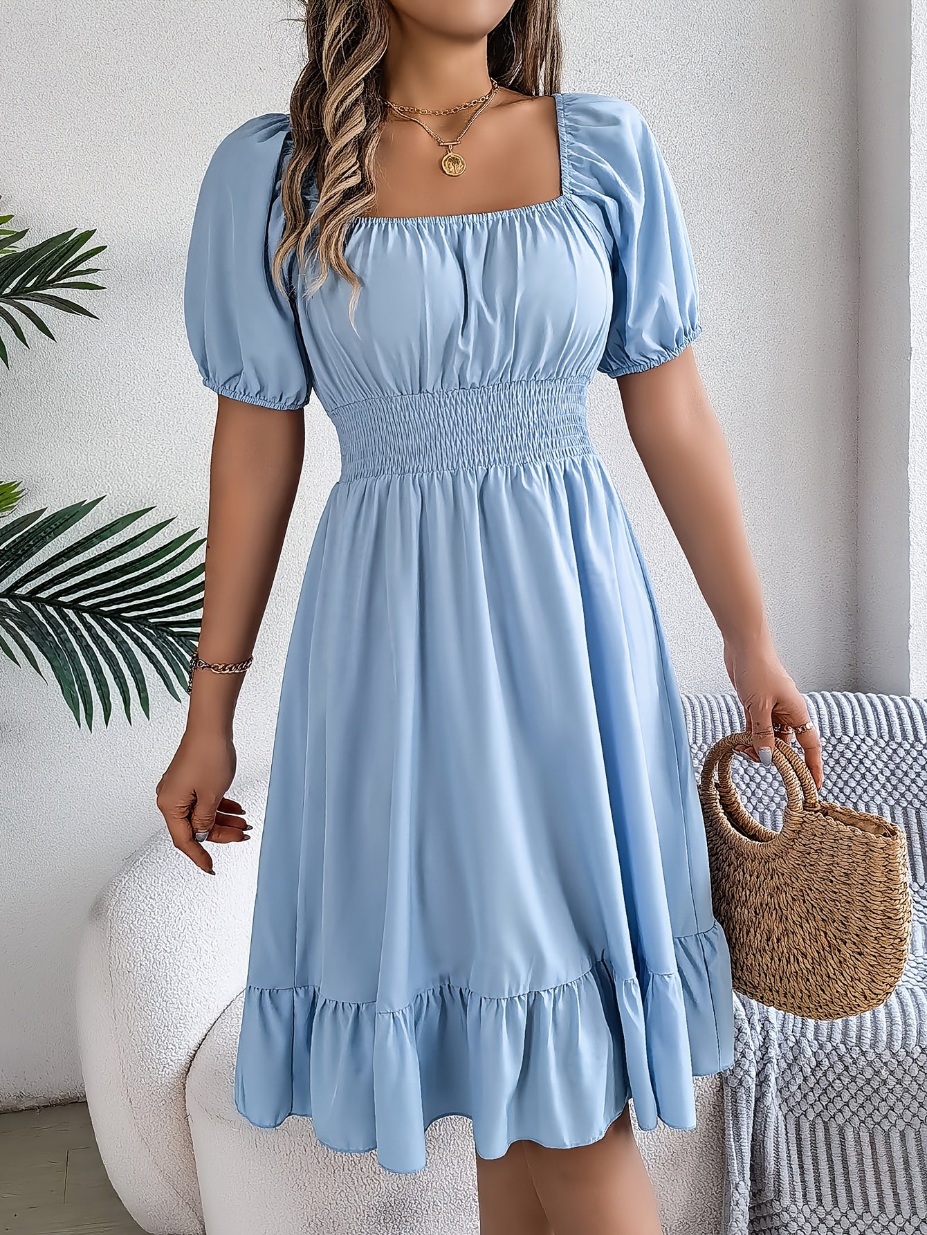 [Spring-Summer Fashion Dress] Women's 2024 Spring-Summer Fashion Square Neck Puff Sleeve A-Line Dress