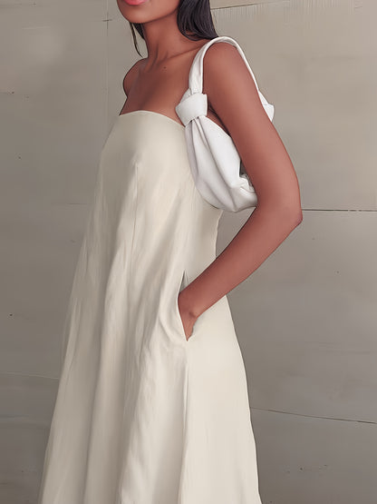 Linen Women's High-Waisted Strapless Backless Patchwork Pocket Dress Lightweight Casual Vacation Dress with Smooth Texture, Solid Color Long Dress for Spring Summer