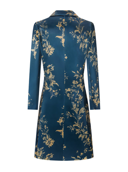 Elegant Fashion Casual Golden Floral Print Stain Overcoat, Baroque Style, Single Button Double Pocket Long Sleeves Long Blazer, Smooth And Delicate Feel, Suitable for Formal And Casual Occasions