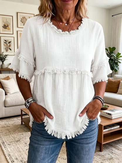 Women'S Round Neck Short Sleeve Casual Blouse with Fringed Trim
