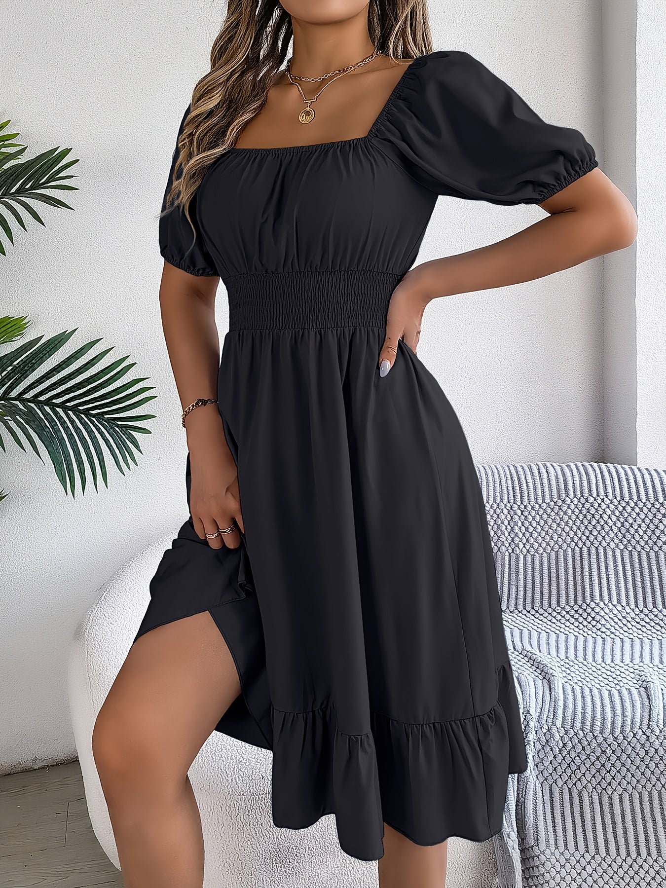 A-Line Dress with Puff Sleeves And Square Neck for Women'S Spring - Summer 2024 Fashion