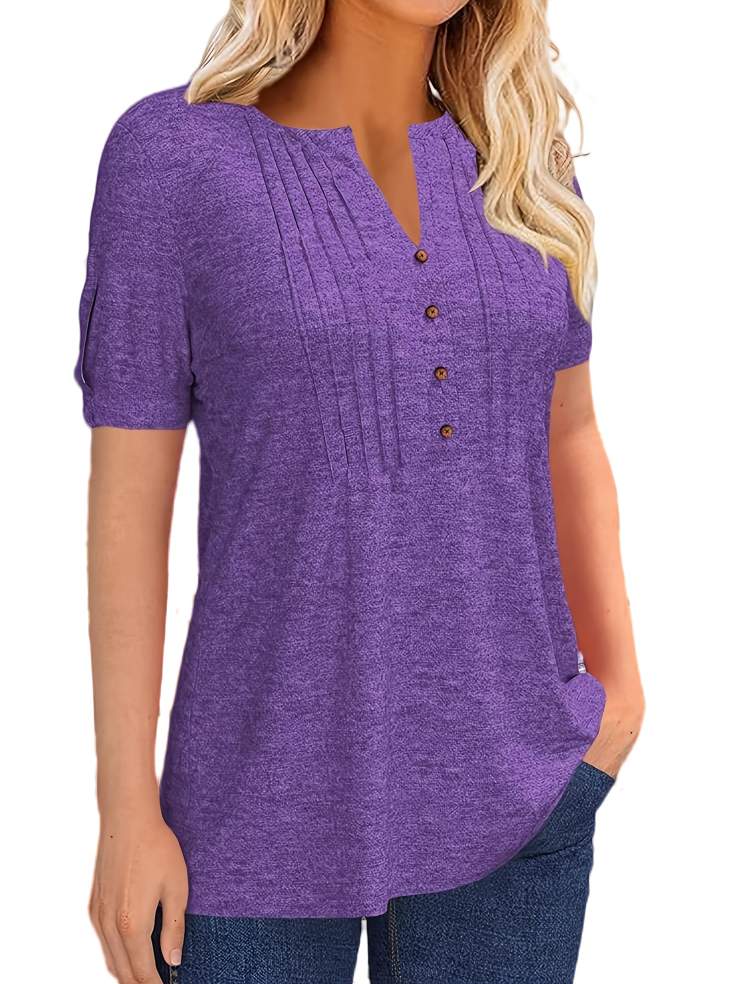 Casual Short-Sleeve T-Shirt for Women, Featuring a Pleated Design And V-Neck in Solid Colors, Perfect for Summer