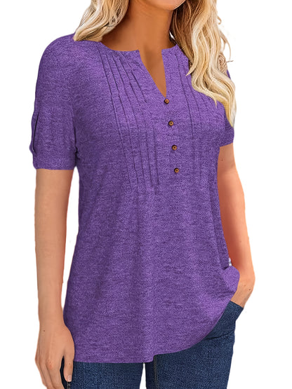 Casual Short-Sleeve T-Shirt for Women, Featuring a Pleated Design And V-Neck in Solid Colors, Perfect for Summer