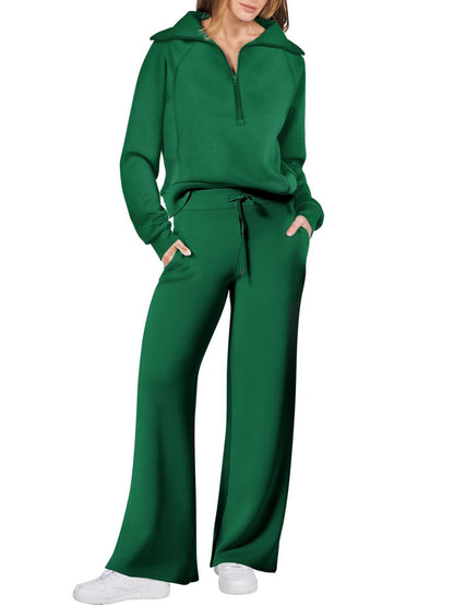 Spring/Autumn Casual Swear Set for Women, Zipper Long-Sleeve Sweatshirt and Wide-Leg Pants 2pcs Set